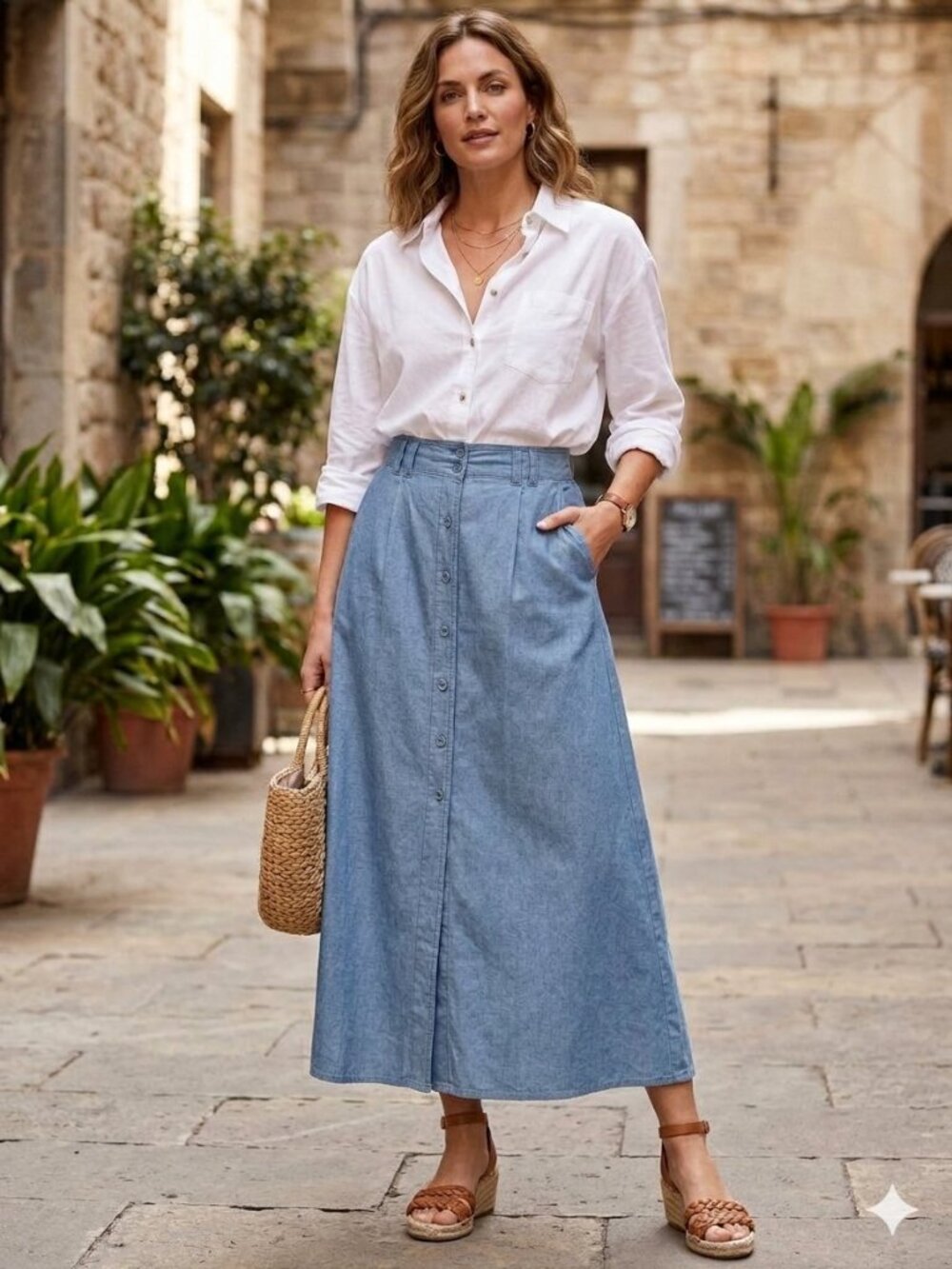 NWT VTG BASIC EDITIONS Button Front Denim Chambray A-line Maxi Skirt Blue SZ 10